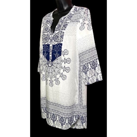 H&M L.O.G.G Women's Sheer White Blue Embroidery 1/4 Button Boho Dress Size 8 - Picture 2 of 11